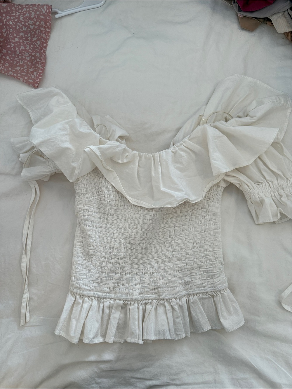 DO+BE Ivory Off-Shoulder Smocked Ruffle Blouse